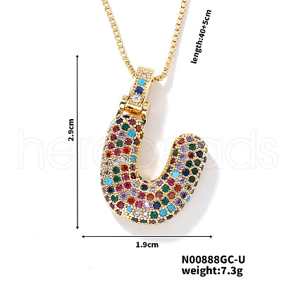 Brass Pave Colorful Cubic Zirconia Letter Pendant Box Chain Necklaces NU0575-21-1