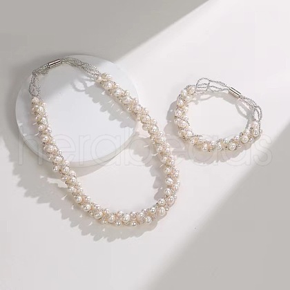 Brass with Natural Freshwater Pearl Beaded Necklace & Bracelet FS-WG0E56F-01-1