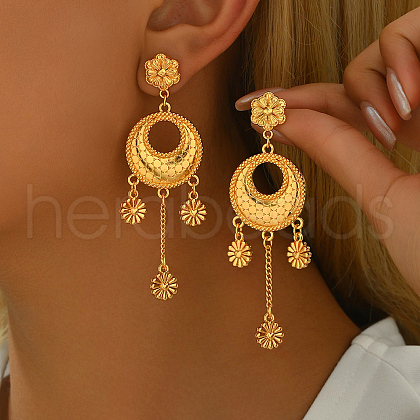 Flat Round with Flower Alloy Dangle Stud Earrings  UV3526-1