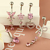 1Pc 304 Stainless Steel Rose Rhinestone Curved Barvell Dangle Belly Rings WGF9938-04-2