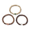 3Pcs Natural African Padauk Wood & Sandalwood & Wood & Striped Agate & Green Aventurine & Quartz Crystal Round Beaded Stretch Bracelets for Women BJEW-JB11929-2