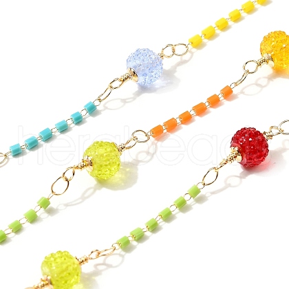 Brass Hexagonal Column Glass Seaded Beaded & Resin Round Beaded Link Chains CHC-G026-01C-1