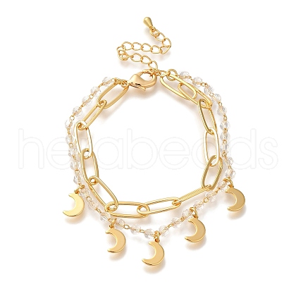 Moon Brass Glass Beads Cable Chain Bracelets BJEW-L696-017G-1