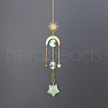 Natural Green Aventurine Star Sun Catcher Hanging Ornaments with Brass Sun HJEW-PW0002-13G-1