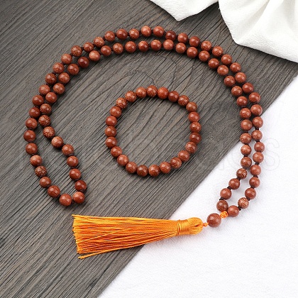 Synthetic Goldstone Round Beaded Pendant Necklaces & Bracelets Sets FS-WG9D102-24-1
