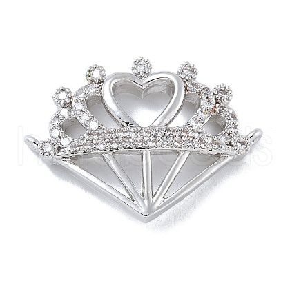 Rack Plating Brass Micro Pave Clear Cubic Zirconia Heart Crown Connector Charms KK-A234-060P-1
