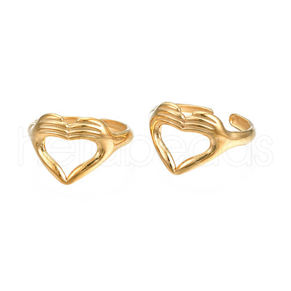 Ion Plating(IP) Rack Plating 304 Stainless Steel Heart Gesture Open Cuff Ring for Women RJEW-S405-260G-1