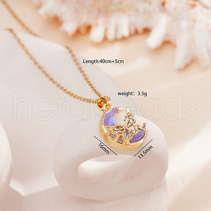 Brass Crystal Rhinestone & Resin Butterfly Moon Pendant Necklaces for Women FS-WG063FB-01-1