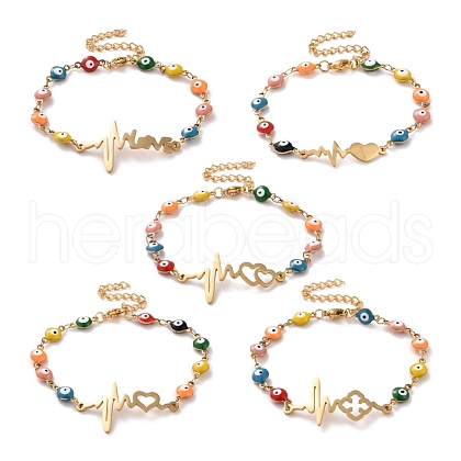 PVD Vacuum Plating 304 Stainless Steel Heart Beat Link Bracelet with Colorful Enamel Evil Eye Chains for Women BJEW-B062-03G-1