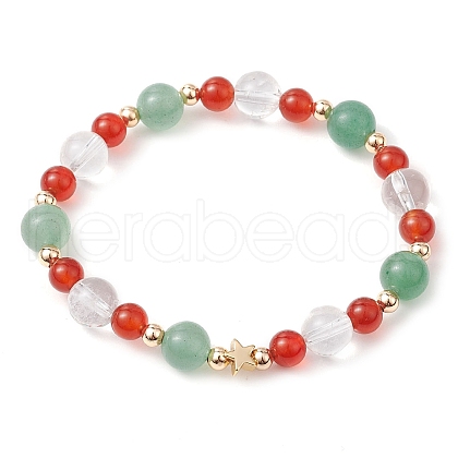 Christmas Theme Green Aventurine & Carnelian & Quartz Crystal Beaded Stretch Bracelets for Women BJEW-TA00543-1