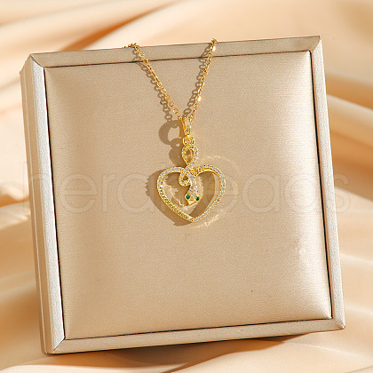 Brass Micro Pave Clear Cubic Zirconia Heart Snake Pendants Necklaces NJEW-K280-04G-1
