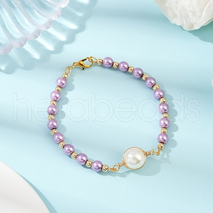 Glass Pearl Round Beaded Link Bracelets for Women BJEW-JB11975-03-1