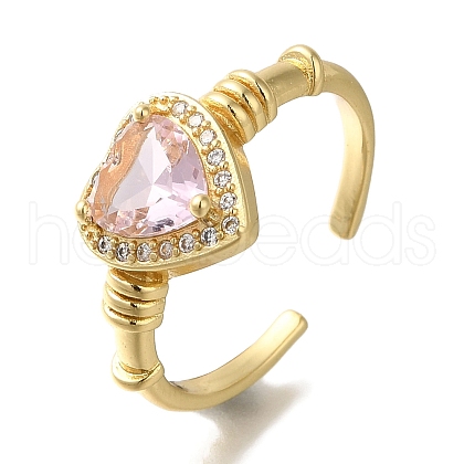 Mother's Day Rings Rack Plating Heart Brass Clear Cubic Zirconia Open Cuff Rings RJEW-S411-10G-1