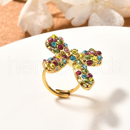 Bowknot 304 Stainless Steel Rhinestone Cuff Rings for Women RJEW-A058-01C-G-1