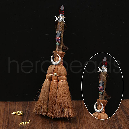 Wood Witch Broom with Synthetic Garnet Pendant Decorations AUTO-PW0001-15F-1