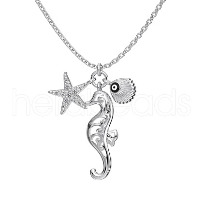 Rhodium Plated Summer Beach 925 Sterling Silver Micro Pave Clear Cubic Zirconia Cable Chain Sea Horse & Starfish Pendant Necklaces NJEW-Q342-06P-1