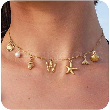 Summer Brass Initial Letter Starfish Shell Shaped Pendant Bib Necklaces for Women FS-WGBCAD2-07-1