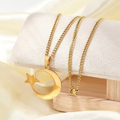 304 Stainless Steel Crescent Moon Star Pendant Twisted Chain Necklaces NJEW-S387-07G-1