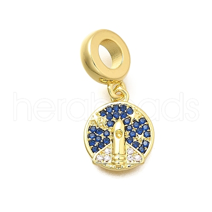 Brass Micro Pave Clear & Blue Cubic Zirconia Flat Round with Rocket European Dangle Charms KK-C087-17G-1