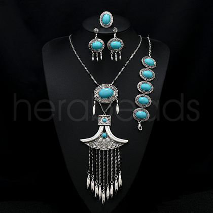 Oval Alloy with Resin Pendant Necklace & Stud Dangle Earring & Link Bracelet & Ring FS-WGB1F06-10-1