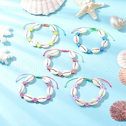 Natural Mixed Cowrie Shell & Handmade Polymer Clay Beaded Braided Bead Bracelets for Women BJEW-JB11816-1