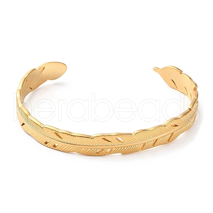304 Stainless Steel Feather Shape Cuff Bangles BJEW-F457-24G-1