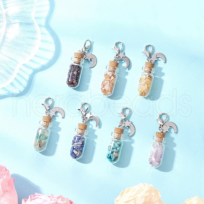 Chakra Natural & Synthetic Gemstone Chips inside Glass Wishing Bottle Pendant Decoration HJEW-JM03309-1