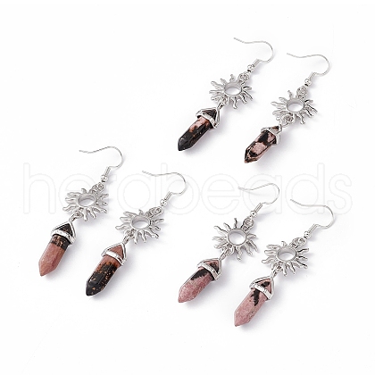 Natural Rhodonite Bullet with Sun Dangle Earrings EJEW-I276-01P-02-1