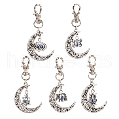 Tibetan Style Alloy Crescent Moon with Animal Pendant Decorations with Resin Evi Eye HJEW-JM00874-1