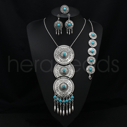 Flat Round Alloy with Resin Pendant Necklace & Stud Dangle Earring & Link Bracelet & Ring FS-WGB1F06-06-1