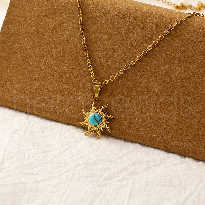 Vintage Real 18k Gold Plated Stainless Steel & Synthetic Turquoise Pendant Necklaces for Women QI4661-4-1