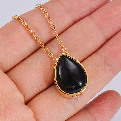 Natural Dyed & Heated Black Agate Teardrop Urn Ashes Pendant Necklace BOTT-PW0005-23B-1