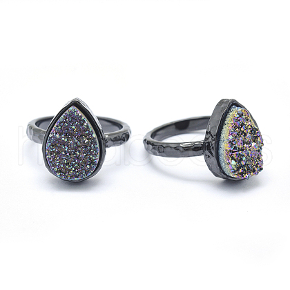 Electroplate Natural Druzy Quartz Crystal Finger Rings RJEW-I055-07B-RS-1