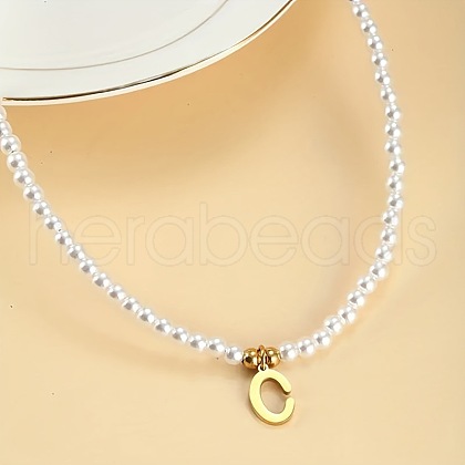 Alloy Initial Pendant White Round Imitation Pearl Beaded Necklaces for Women WG5A9DE-03-1