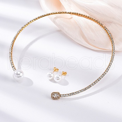 Round Plastic Imitation Pearl Stud Earrings & Rectangle Cubic Zirconia Rhinestone Cuff Choker Necklaces Sets SJEW-U003-06G-1