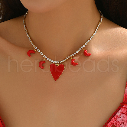 Elegant Brass Pave Clear Cubic Zirconia Tennis Chain Heart Moon Pendant Bib Necklaces for Women GA9034-1