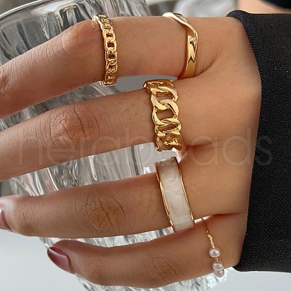 5Pcs Alloy with Plastic Pearl Finger Rings WG0612F-01-1