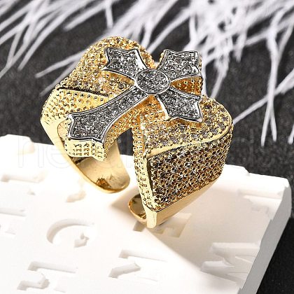 Brass Micro Pave Clear Cubic Zirconia Cuff Rings for Women RJEW-B114-03G-1