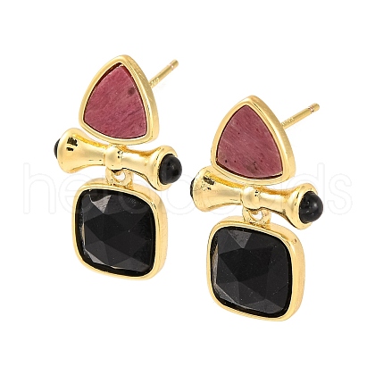 Ion Plating(IP) Natural Dyed & Heated Black Agate and Natural Rhodonite Stud Earring Findings EJEW-U014-01E-1