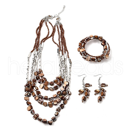 Alloy & Natural Shell & Glass Seed Beaded Multilayer Necklaces & Dangle Earrings & Bangles Sets WGCEEFD-05-1