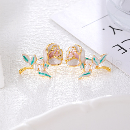 Flower Brass Enamel Stud Earrings EJEW-K308-04G-1