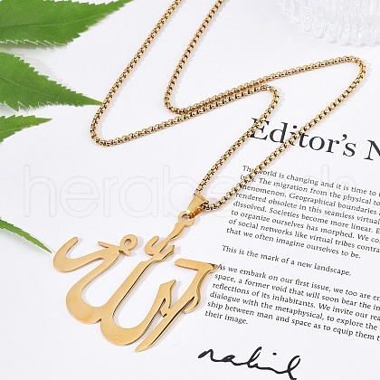 304 Stainless Steel Arabic Pendant Box Chain Necklaces for Women Men NJEW-R013-07G-1