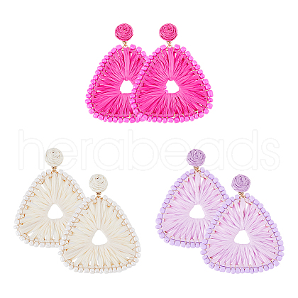 FIBLOOM 3 Pairs 3 Colors Raffia Grass Braided Triangle Dangle Stud Earrings for Women EJEW-FI0002-28-1