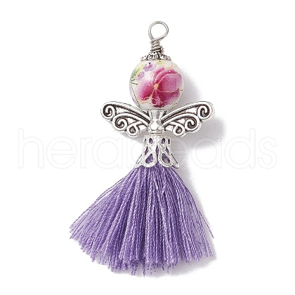 Porcelain Beaded with Polycotton Tassel Big Pendants PALLOY-JF02986-02-1