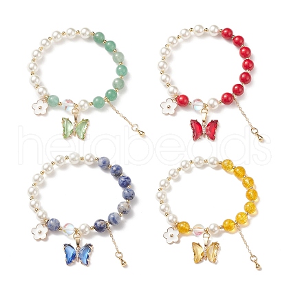 4Pcs 4 Style Round Natural Mixed Gemstone & Shell Pearl Beaded Stretch Bracelets Set BJEW-TA00191-1