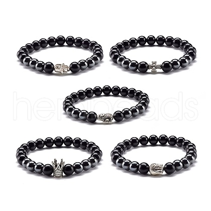 Natural Obsidian & Non-Magnetic Synthetic Hematite Round Beads Stretch Bracelet for Men Women BJEW-JB06968-1