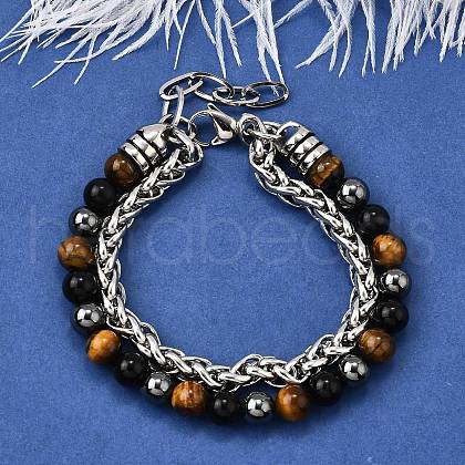 Natural Tiger Eye & Obsidian & Hematite Round Beads Multi-strand Bracelets BJEW-D330-02P-09-1