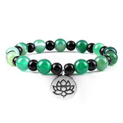 Yoga Natural Dyed Green Banded Agate Round Beads Charm Bracelets SH1443-6-1