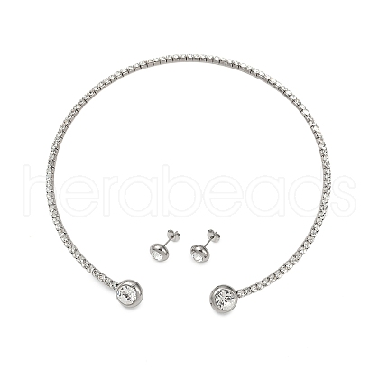Round Plastic Imitation Pearl Stud Earrings & Cubic Zirconia Rhinestone Cuff Choker Necklaces Sets SJEW-U003-09P-1