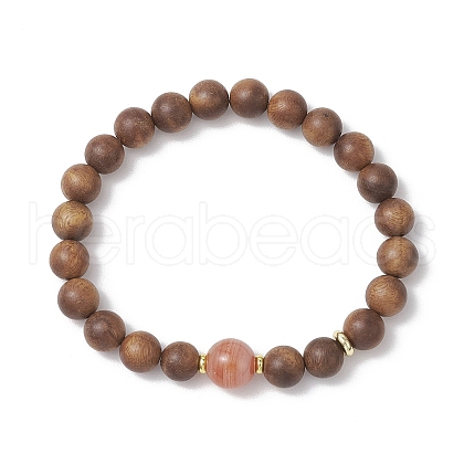 Natural Sandalwood & Agate Round Beaded Stretch Bracelets for Women BJEW-JB11929-03-1